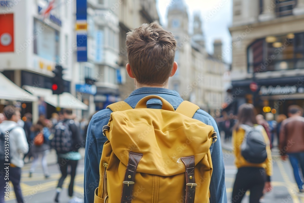 Man with Backpack Walking Through Busy City Street Man with Backpack Walking Through Busy City Street