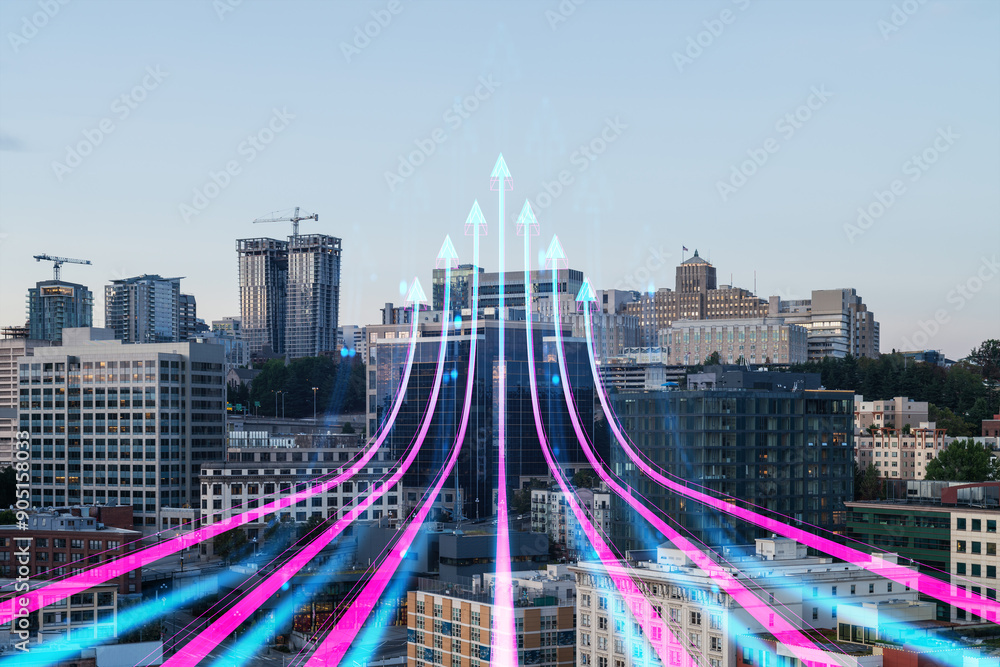 Obraz premium Digital arrows pointing upwards over urban cityscape background.