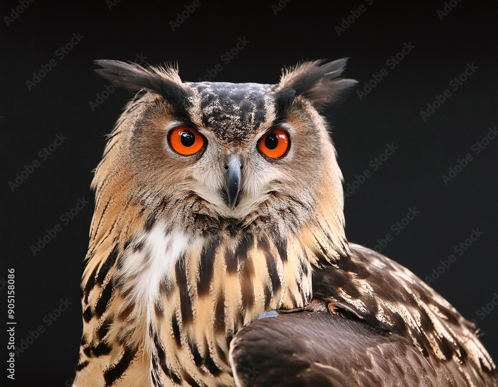 Obraz premium Close-up portrait of an owl with striking orange eyes and intricate feather patterns