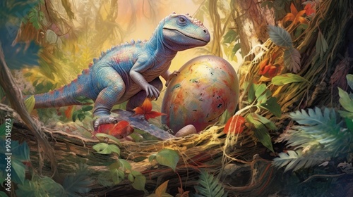 A Colorful Dinosaur Guards a Speckled Egg in a Lush Forest photo