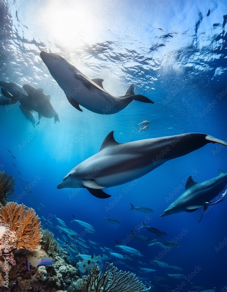 Obraz premium Dolphins, whales, and other sea creatures in their natural settings
