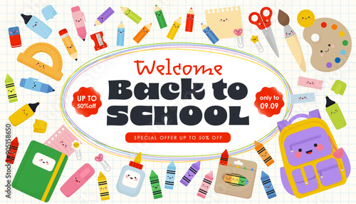 Back to School banner with school supplies. Cute Vector illustration in Flat kawaii style
