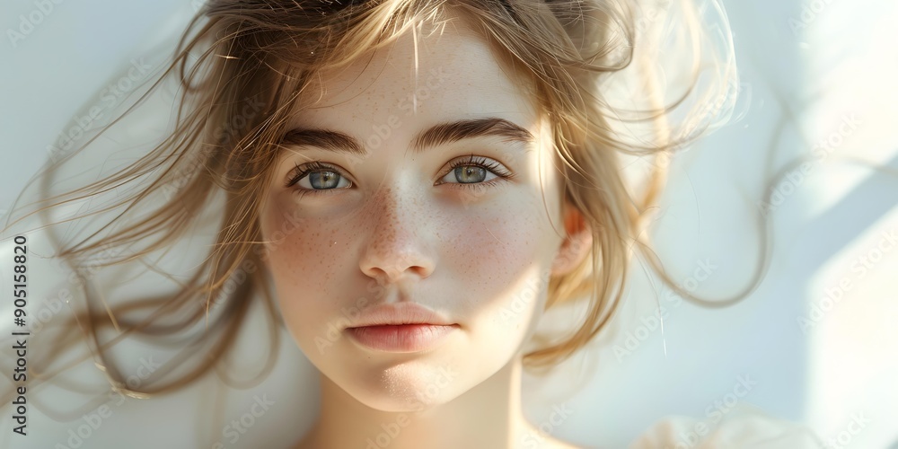 Portrait of a young woman with freckles and blue eyes