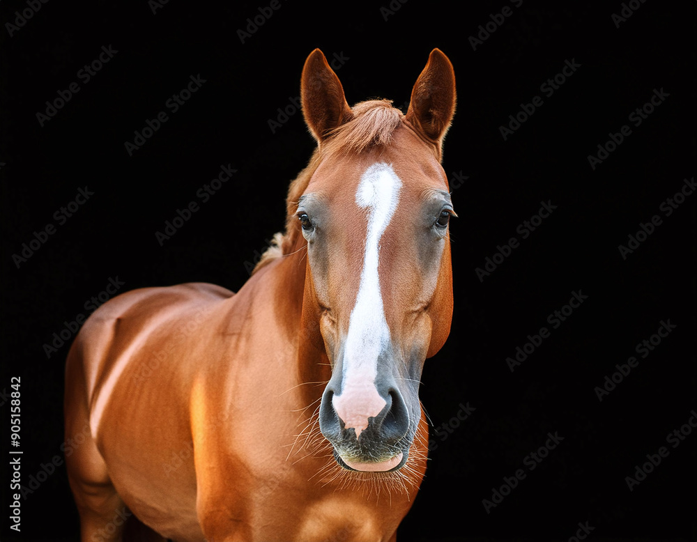 Obraz premium Chestnut horse, black bridle, star marking, dark background, portrait