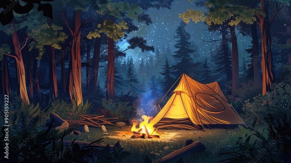 Forest camping scene with a tent and roaring campfire, evoking the thrill of outdoor adventures and nights under the stars Forest camping scene with a tent and roaring campfire, evoking the thrill of outdoor adventures and nights under the stars