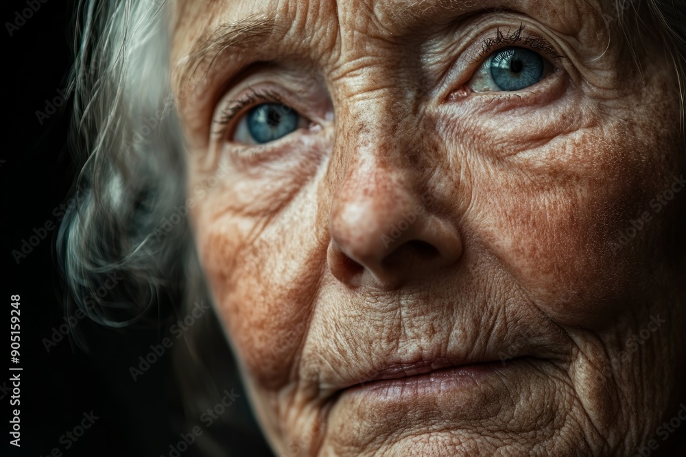 Portrait of an elderly woman with blue eyes. Extreme close-up. Front view Portrait of an elderly woman with blue eyes. Extreme close-up. Front view