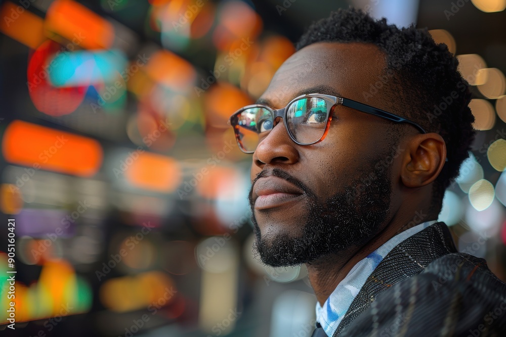 A close-up shot of a thoughtful man with glasses, reflecting on colorful digital screens in the background, his face illuminated by the vibrant lights A close-up shot of a thoughtful man with glasses, reflecting on colorful digital screens in the background, his face illuminated by the vibrant lights