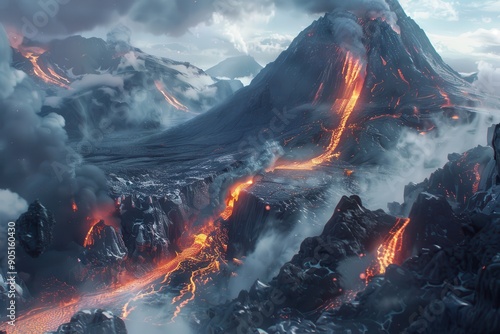 Erupting Volcano With Lava Flows in a Mountainous Landscape