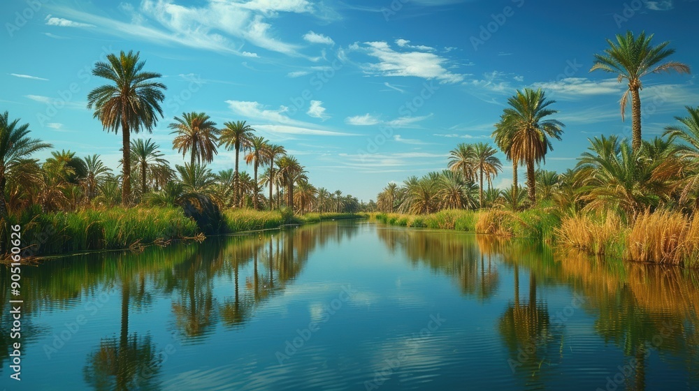 A stunning oasis scene featuring calm waters reflecting lush palm trees under a clear blue sky, creating a tranquil and picturesque landscape A stunning oasis scene featuring calm waters reflecting lush palm trees under a clear blue sky, creating a tranquil and picturesque landscape