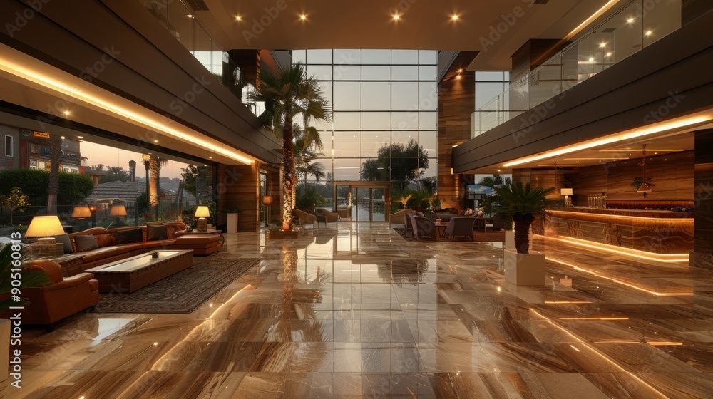 Fototapeta premium A luxurious hotel lobby with modern decor and 