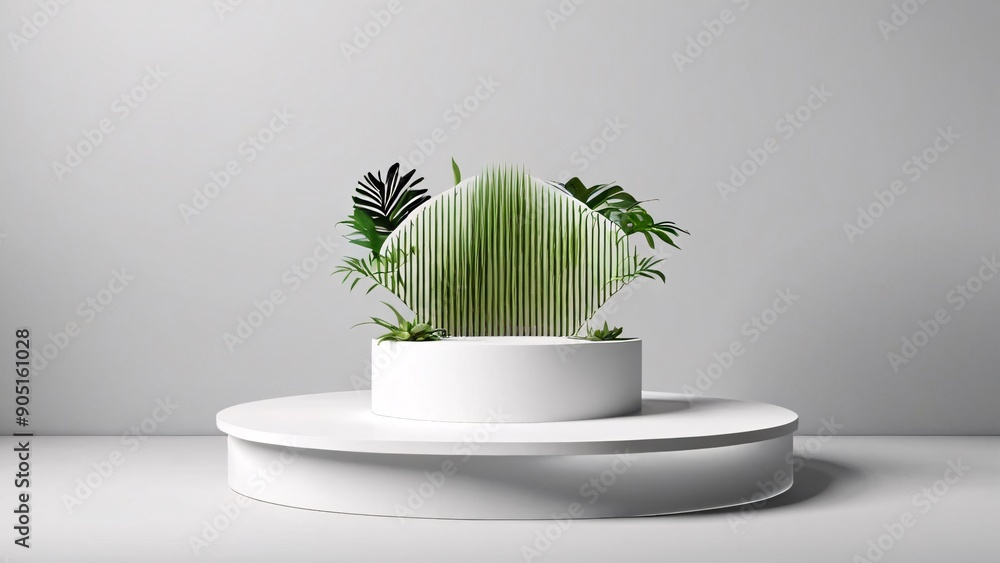 Minimalist White Podium with Green Plants for Product Display Minimalist White Podium with Green Plants for Product Display