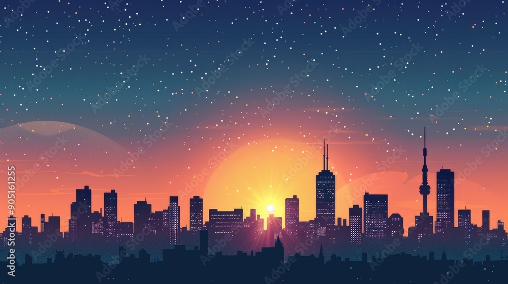 Illustration of a city skyline transitioning from a starry night sky to a warm sunset, combining urban elements with celestial events. Illustration of a city skyline transitioning from a starry night sky to a warm sunset, combining urban elements with celestial events.