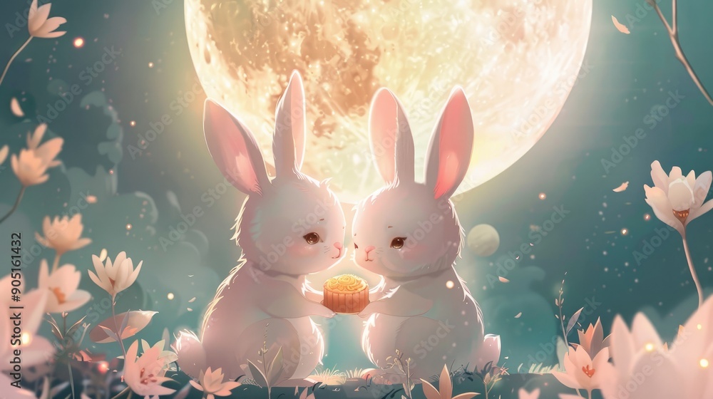 Illustration of two bunnies sharing mooncakes under a full moon, surrounded by dreamy pastel hues. Illustration of two bunnies sharing mooncakes under a full moon, surrounded by dreamy pastel hues.