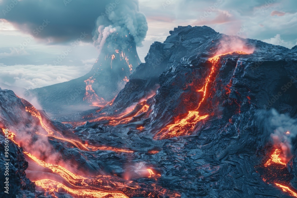 Fototapeta premium Erupting Volcano with Lava Flowing Down Mountainside