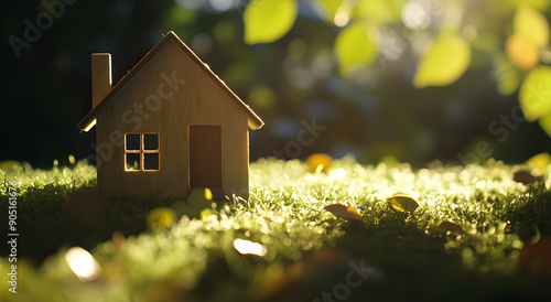 A Wooden House Model Stands on the Green Grass with Solar Panels, Representing Sustainable Living and Renewable Energy Solutions in Eco-Friendly Home Design