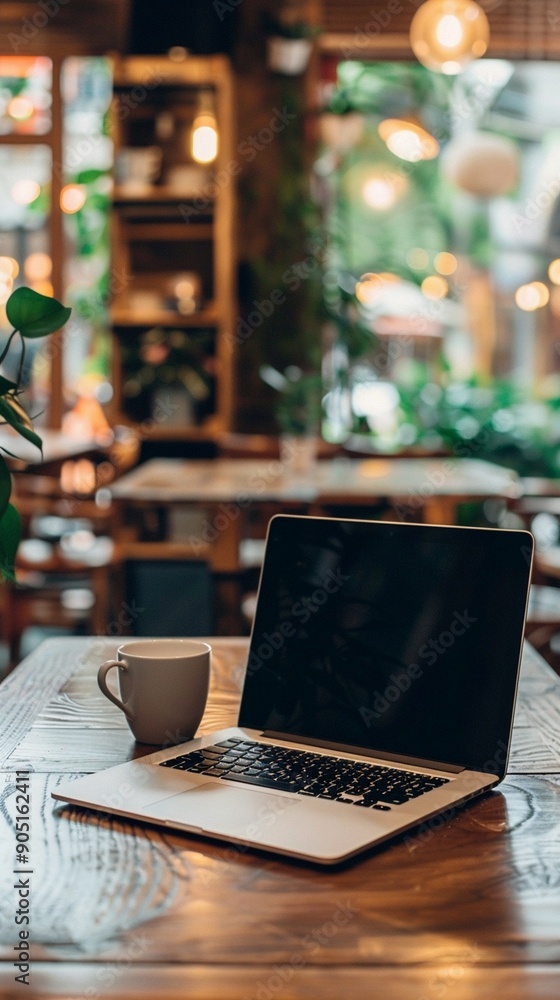 Cozy cafe ambiance with laptop and coffee cup on wooden table, soft lighting and greenery in background, perfect for remote work or study. Cozy cafe ambiance with laptop and coffee cup on wooden table, soft lighting and greenery in background, perfect for remote work or study.