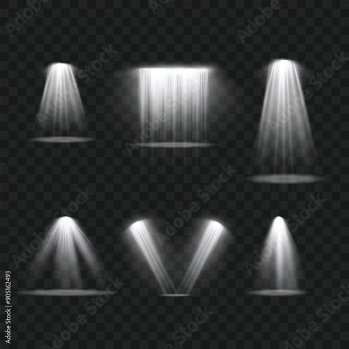 Various white spotlight effects with light beams on a transparent background. Vector.