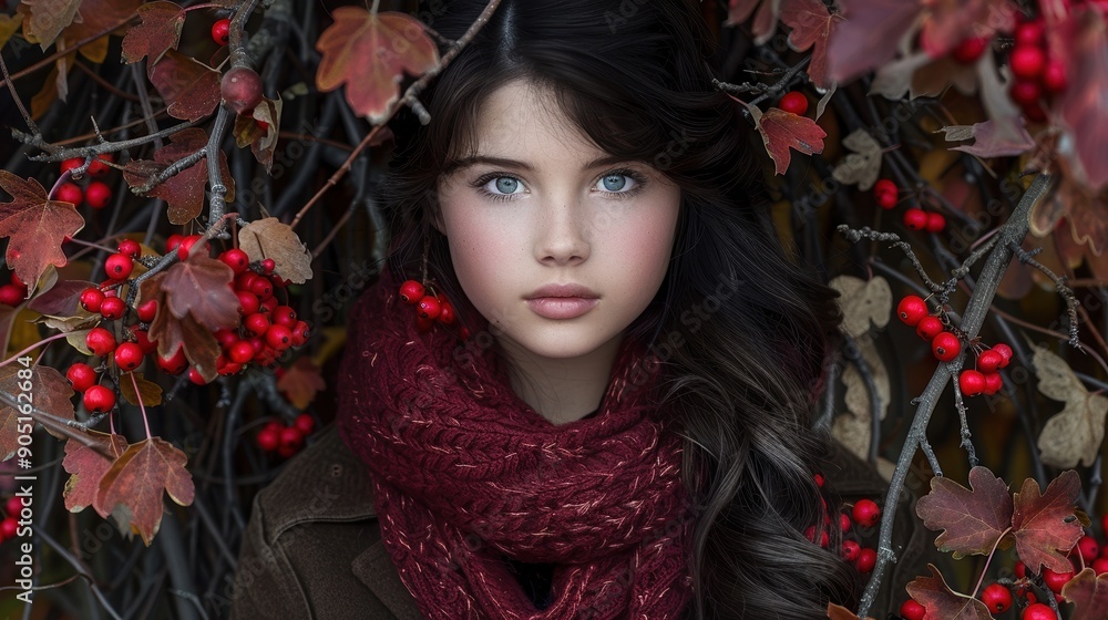A young woman with long hair, captivating blue eyes, and flawless skin, warmly dressed in a burgundy scarf, standing amidst a vibrant backdrop of autumn leaves and red berries A young woman with long hair, captivating blue eyes, and flawless skin, warmly dressed in a burgundy scarf, standing amidst a vibrant backdrop of autumn leaves and red berries