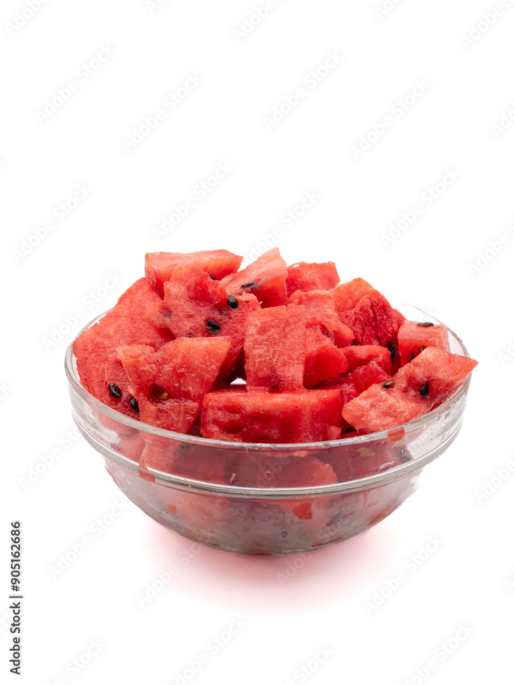 bowl of watermelon fruit cube slice isolated on white background bowl of watermelon fruit cube slice isolated on white background