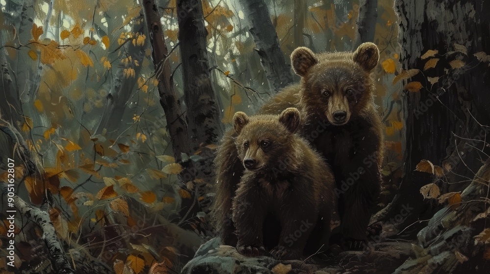 Obraz premium Young bear cubs in the forest