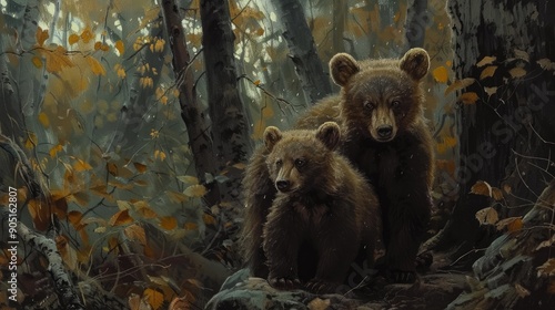 Young bear cubs in the forest photo