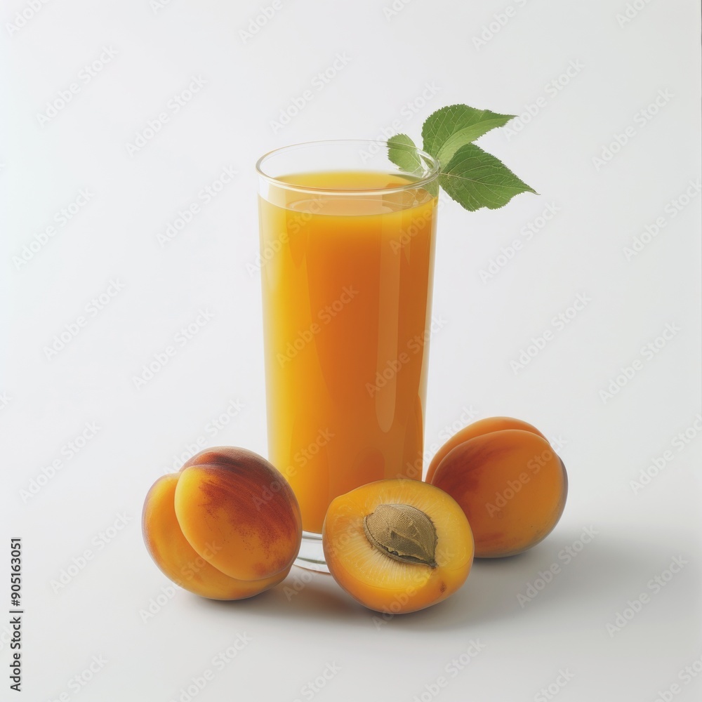 Medium shot of Glass of Apricot juice near the Apricot, isolated on a white background, Medium shot of Glass of Apricot juice near the Apricot, isolated on a white background,