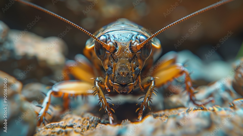 Close-up shot of a cricket showcasing intricate details of its head, antennae, and legs while it stands on a rocky surface, highlighting the textures and colors in a natural setting Close-up shot of a cricket showcasing intricate details of its head, antennae, and legs while it stands on a rocky surface, highlighting the textures and colors in a natural setting