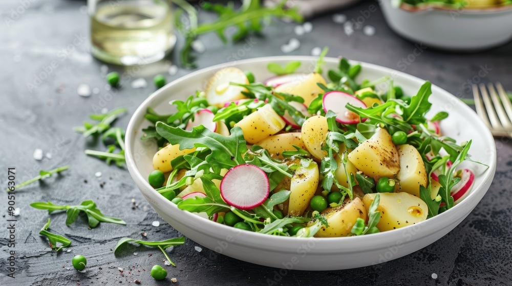 Summer potato and pea salad with arugula and radish in a white bowl top view Vegan recipe Summer potato and pea salad with arugula and radish in a white bowl top view Vegan recipe