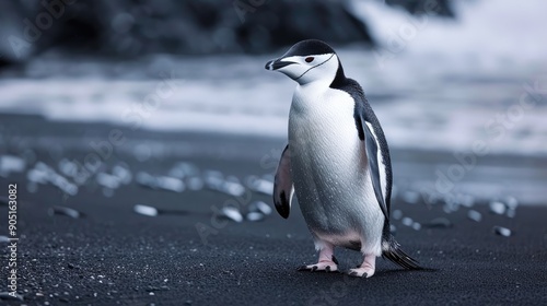 A chinstrap penguin stands on a beach of black volcanic sand