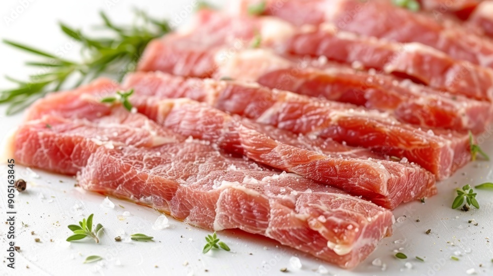Raw pork slices with herbs and spices on a white background. Fresh meat and culinary preparation concept. Raw pork slices with herbs and spices on a white background. Fresh meat and culinary preparation concept.