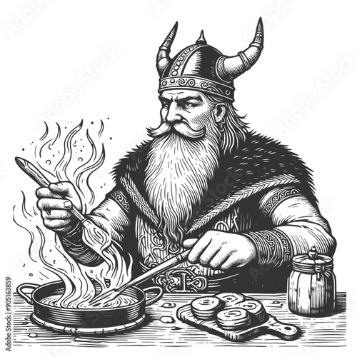 Viking chef, cooking over a fire, showing detailed and expressive engraving style sketch engraving generative ai fictional character vector illustration. Scratch board imitation. Black and white image