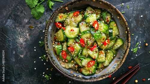 Chinese smashed cucumber salad with chili peppers and sesame seeds top view