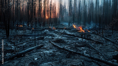 Devastating Beauty A haunting image of a charred landscape showcasing the aftermath of a fierce forest fire Nature s resilience on display photo