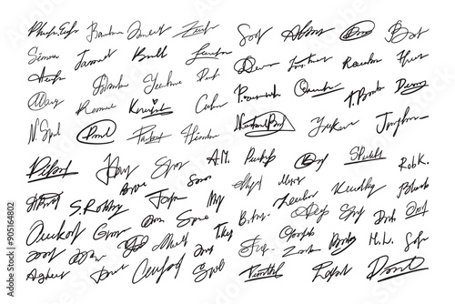 Fake autographs handwritten pen signatures documents. Hand signature templates, abstract autograph