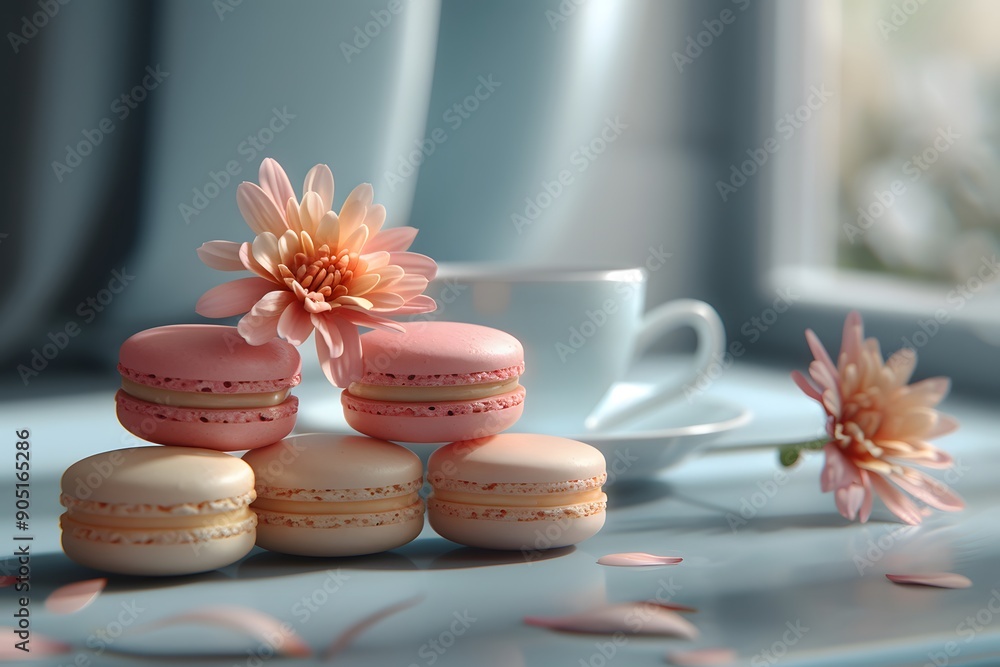 Elegant Floral Tea Party Scene with Pastel Macarons and Blooming Flowers Elegant Floral Tea Party Scene with Pastel Macarons and Blooming Flowers