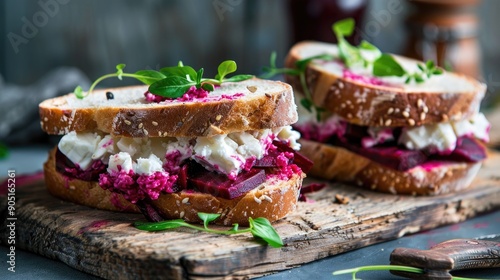 Delicious and fresh sandwich with creamy cheese and beetroot Sandwich for fresh lunch photo