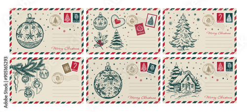 Christmas mail, postcard, hand drawn illustration.	
