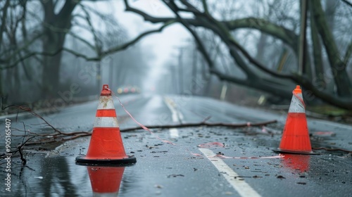 Two traffic cones are used to warn traffic of road closure due to uprooted trees and dangerous overhead power cables lying in road after high winds photo