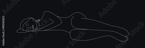 Sleeping woman body one single continuous line silhouette. Vector stock illustration isolated on black background for design template beauty and spa calendar, social media. Editable stroke.