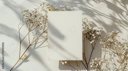 Wedding invitation card mockup with dry gypsophila blank card with botanical decoration