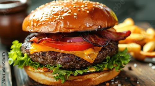 Bacon cheese burger with beef patty tomato onion hamburger menu photo