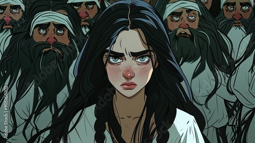 create a drawing of a girl with long black hair thick eyebrows with an expression of boredom She must be standing in the middle of dwarves from fairytales photo