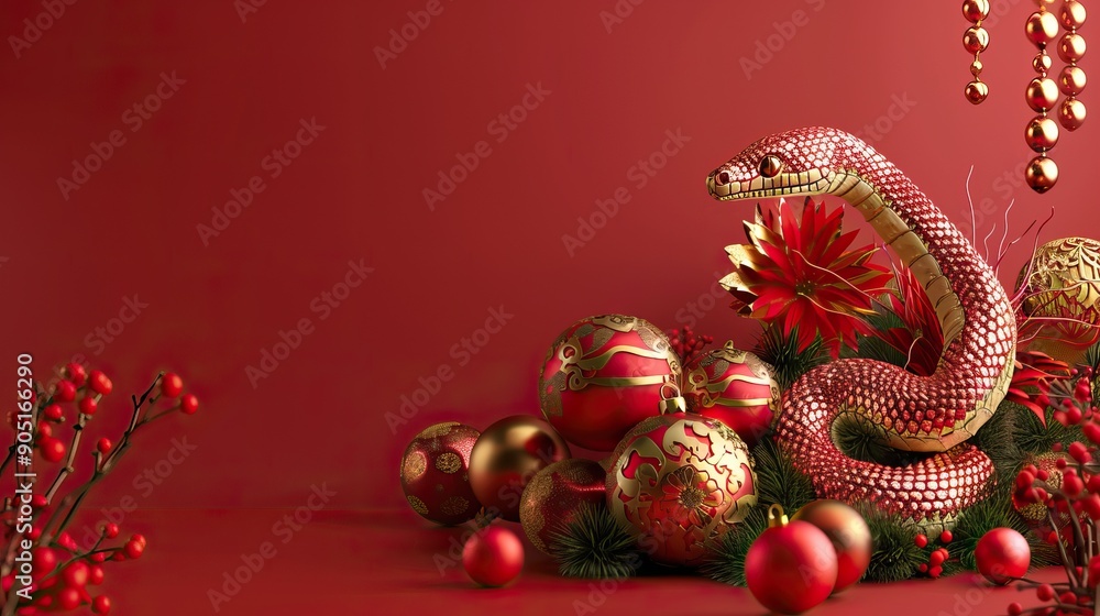 Naklejka premium Snake with Christmas decorations and holiday decor. Symbol of Chinese New Year 2025.