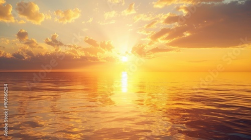 Evening with beautiful golden sunset and colorful calm sea with reflection in the water surface from the evening sun reflecting in the sea