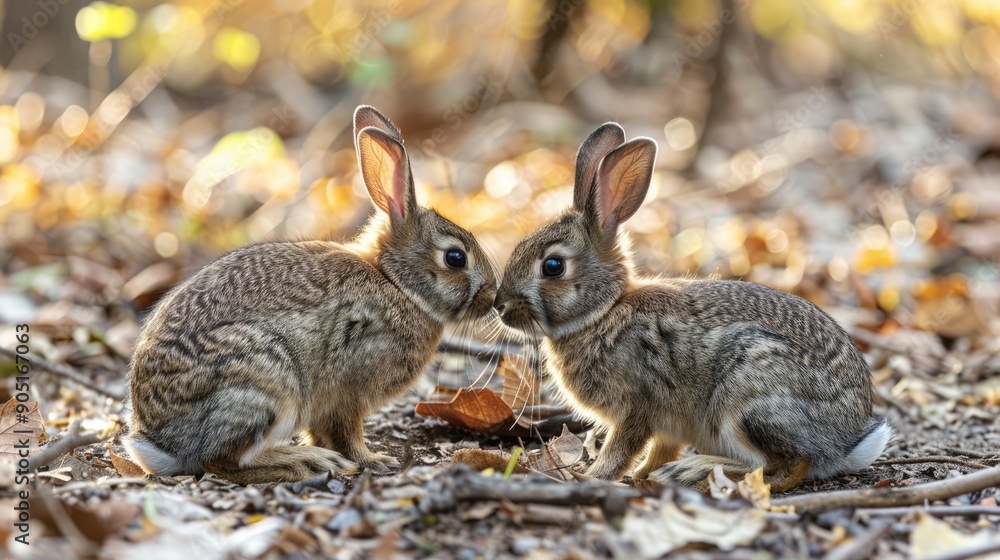 Fototapeta premium Two Rabbits Nuzzling in Autumn Forest