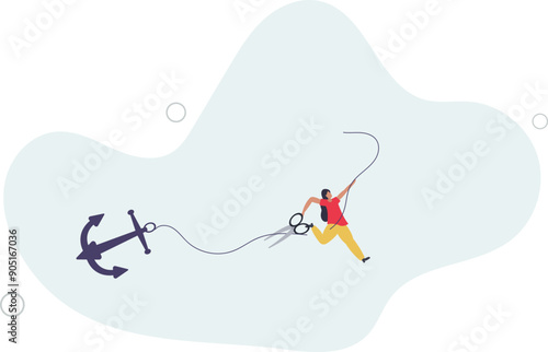 Freedom, relief or escape from bad habit, psychology anchoring effect or cut heavy burden to growing more concept.flat design.illustration with people.