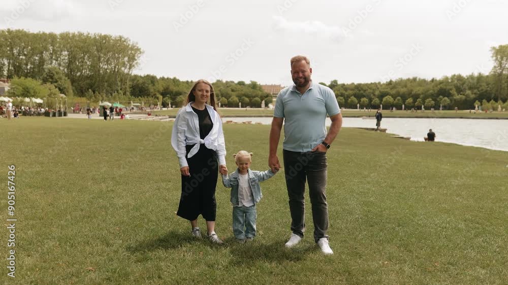 Young smiling family on a walk outdoors in Versailles park. Mom and dad are holding their little daughter's hands, looking at the camera and smiling Young smiling family on a walk outdoors in Versailles park. Mom and dad are holding their little daughter's hands, looking at the camera and smiling