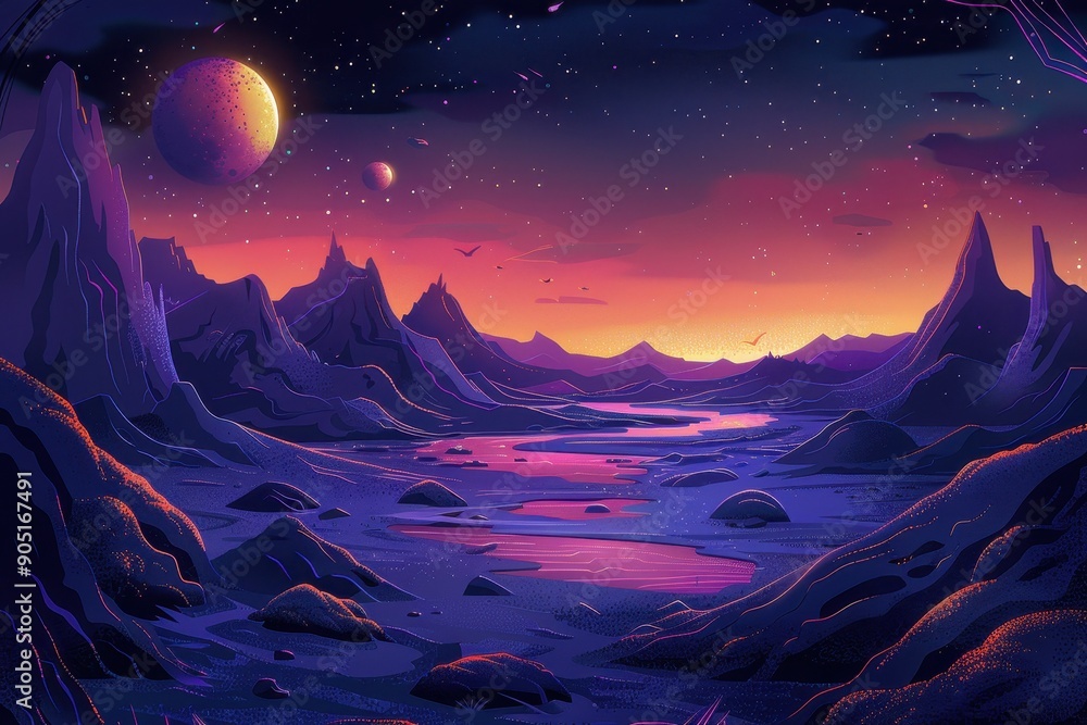 Mystical alien landscape with vibrant colors and a starry sky Mystical alien landscape with vibrant colors and a starry sky