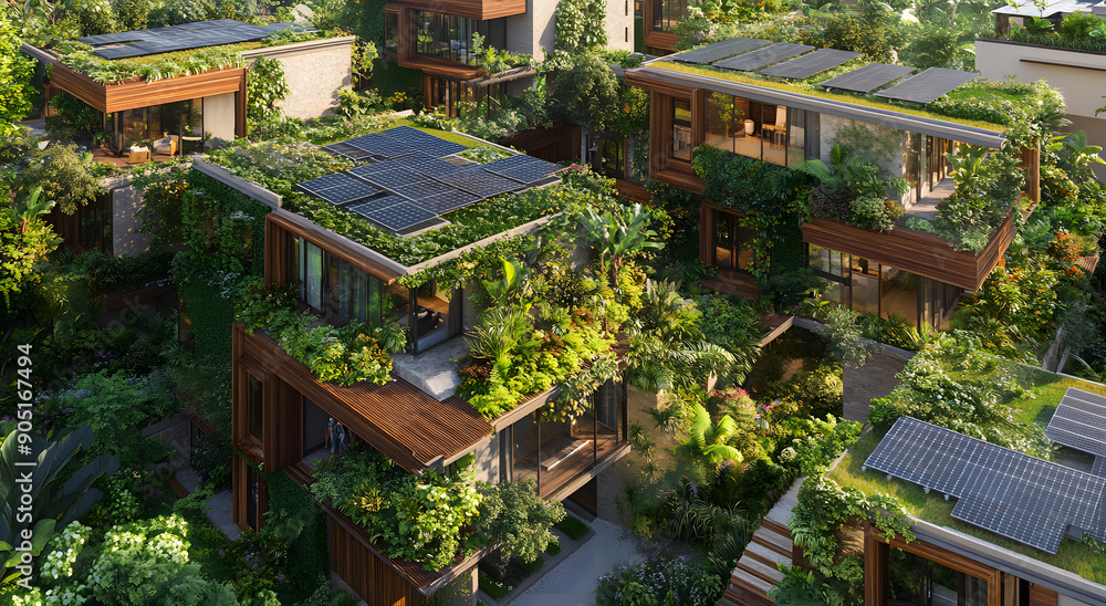 An Aerial View of Sustainable Living in an Urban Environment with Green Rooftops and Renewable Energy Sources, Showcasing Eco-Friendly Architecture and Urban Planning An Aerial View of Sustainable Living in an Urban Environment with Green Rooftops and Renewable Energy Sources, Showcasing Eco-Friendly Architecture and Urban Planning