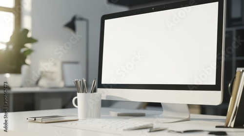 white monitor screen on white table